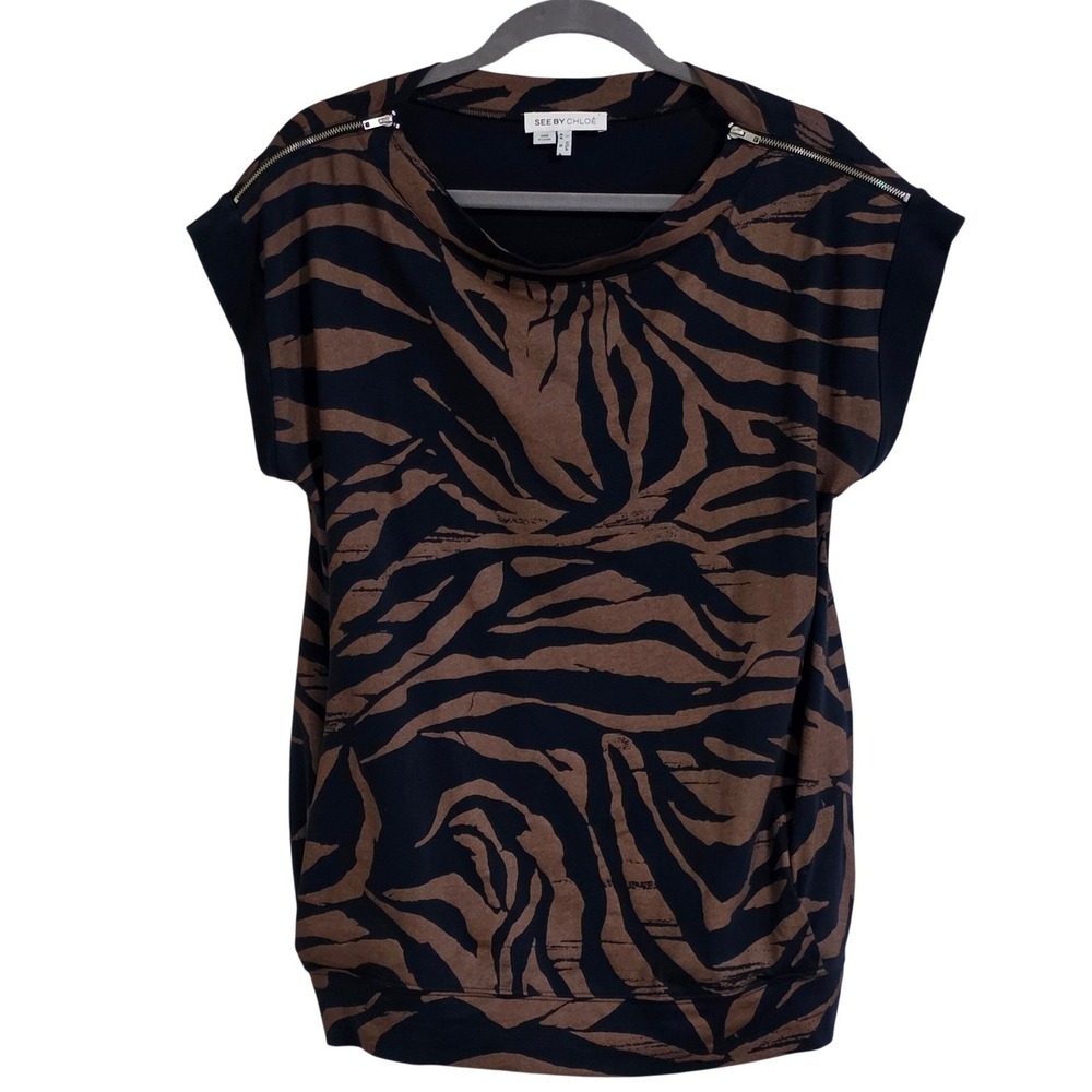 See By Chloe Tunic Top Women US 8 Zebra Animal Print Black Brown Zipper Cotton